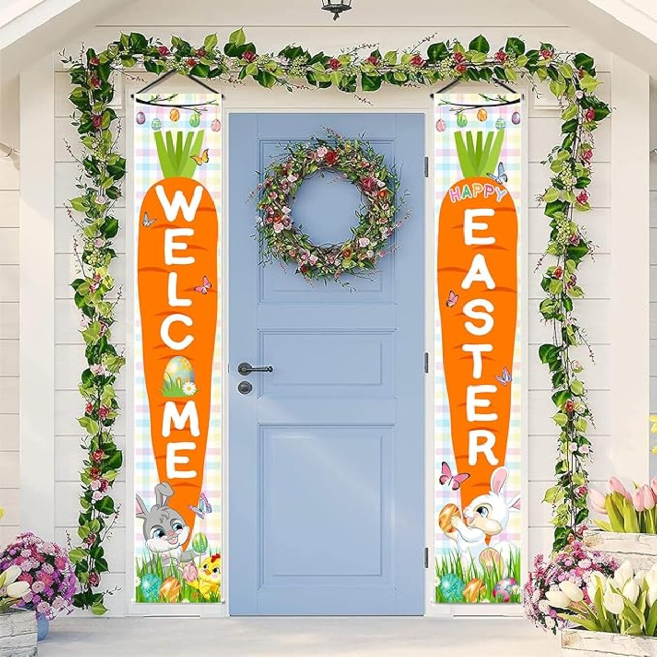 Carrot Welcome Happy Easter Bunny Porch Banner Yard Sign Easter Hanging Sign with Cute Bunny and Eggs Door Banner Hello Spring Happy Easter Porch Banner for Indoor Outdoor Wall Front Door